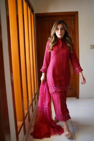 Pink Serenity – Elegant Embroidered 3-Piece Set with Organza Dupatta