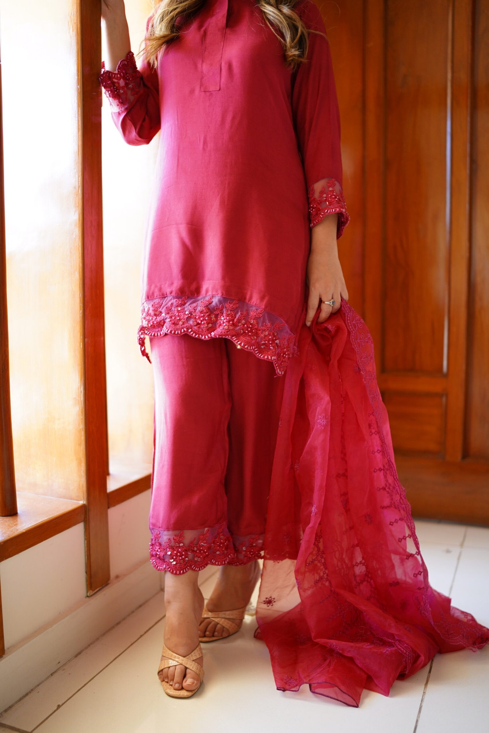 Pink Serenity – Elegant Embroidered 3-Piece Set with Organza Dupatta - Image 3